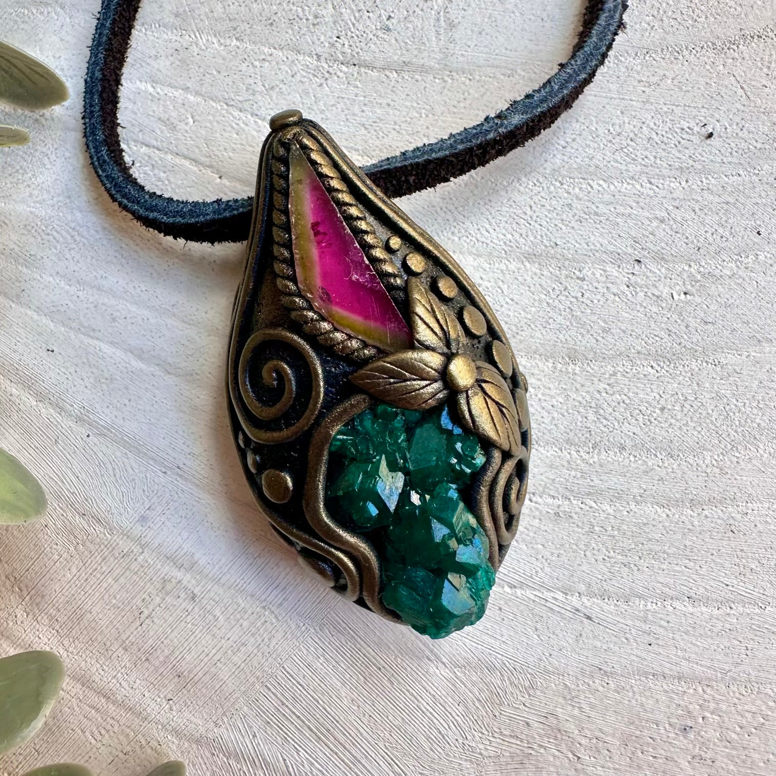 Dioptase and watermelon tourmaline healing crystal necklace