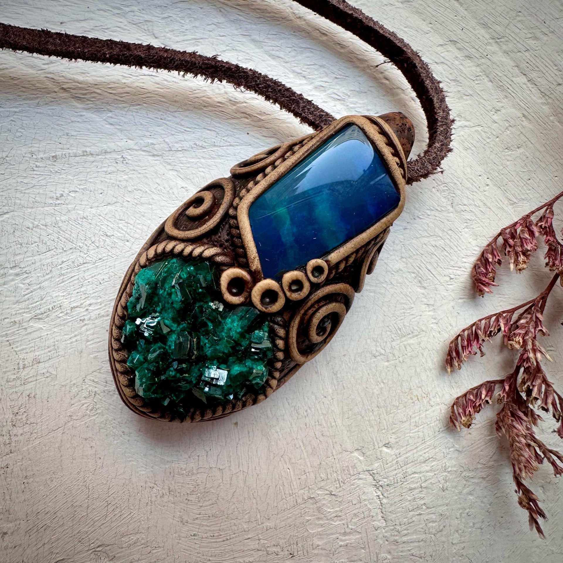Dioptase and Australian Black Opal Doublet Necklace - FairyGardenGlow