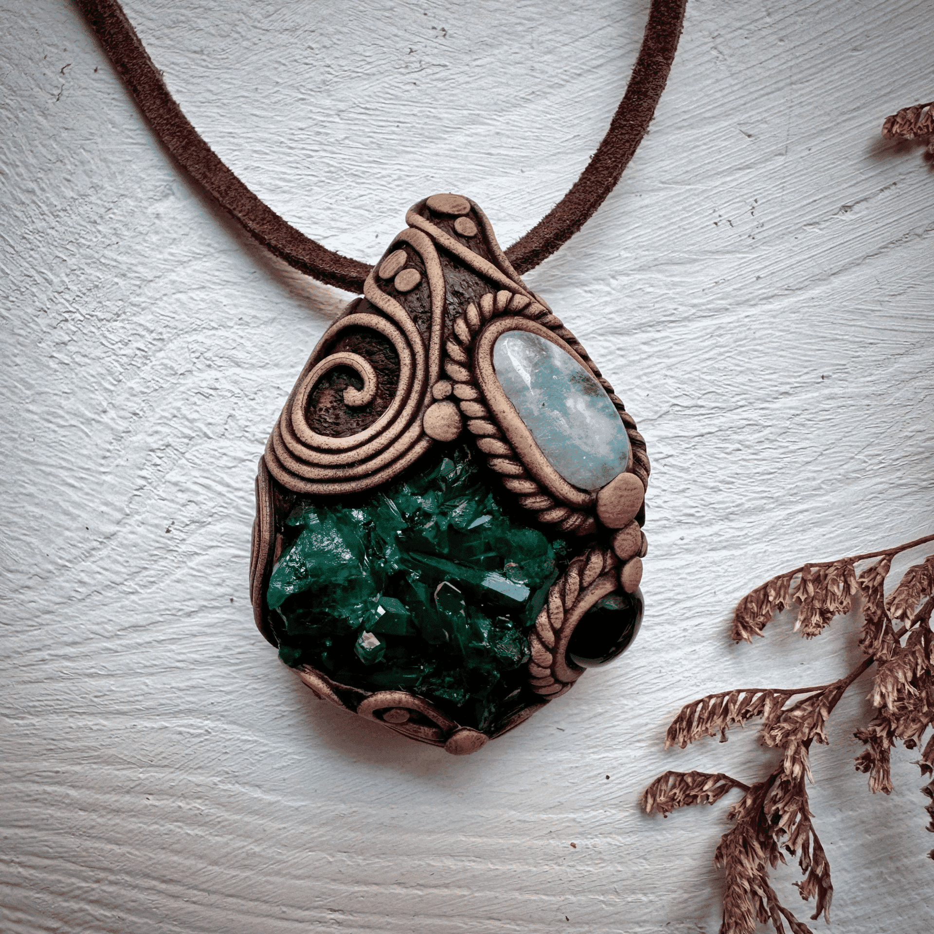 Dioptase Black Onyx and Aquamarine Necklace - FairyGardenGlow
