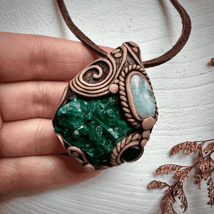 Dioptase Black Onyx and Aquamarine Necklace - FairyGardenGlow