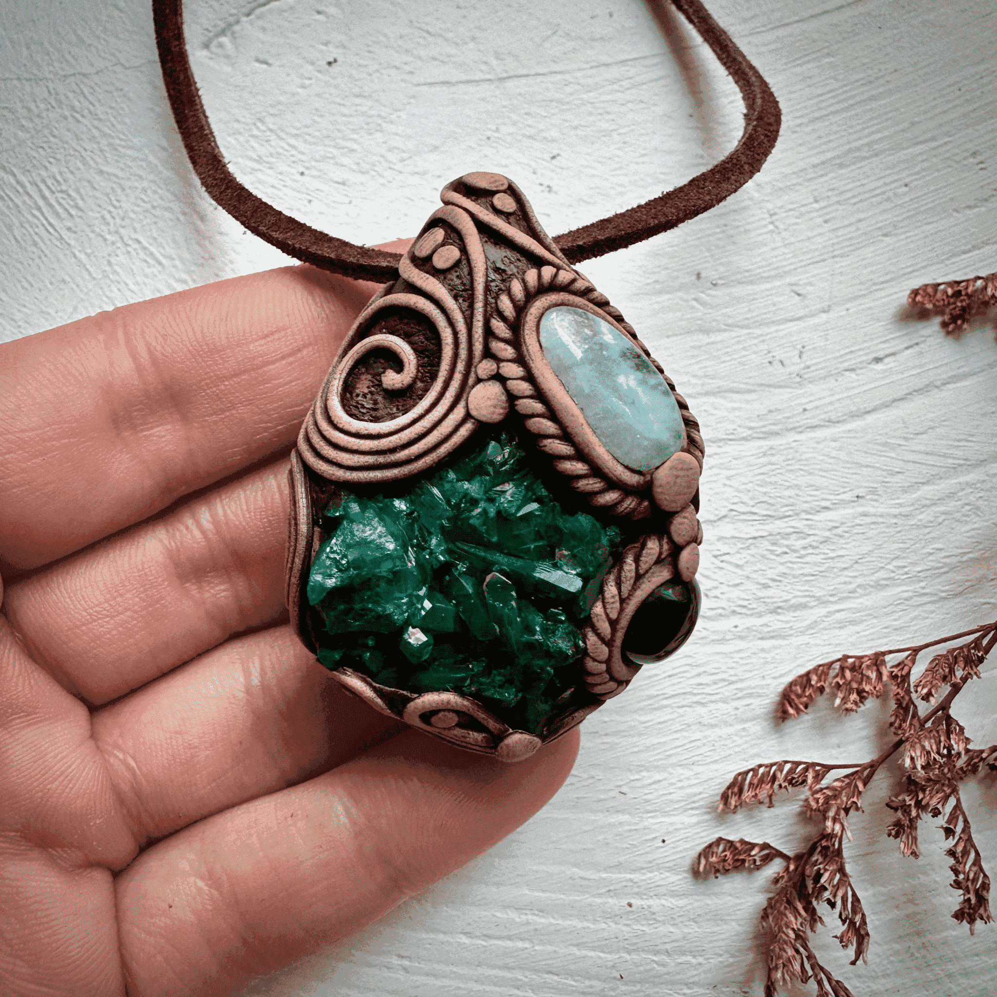 Dioptase Black Onyx and Aquamarine Necklace - FairyGardenGlow
