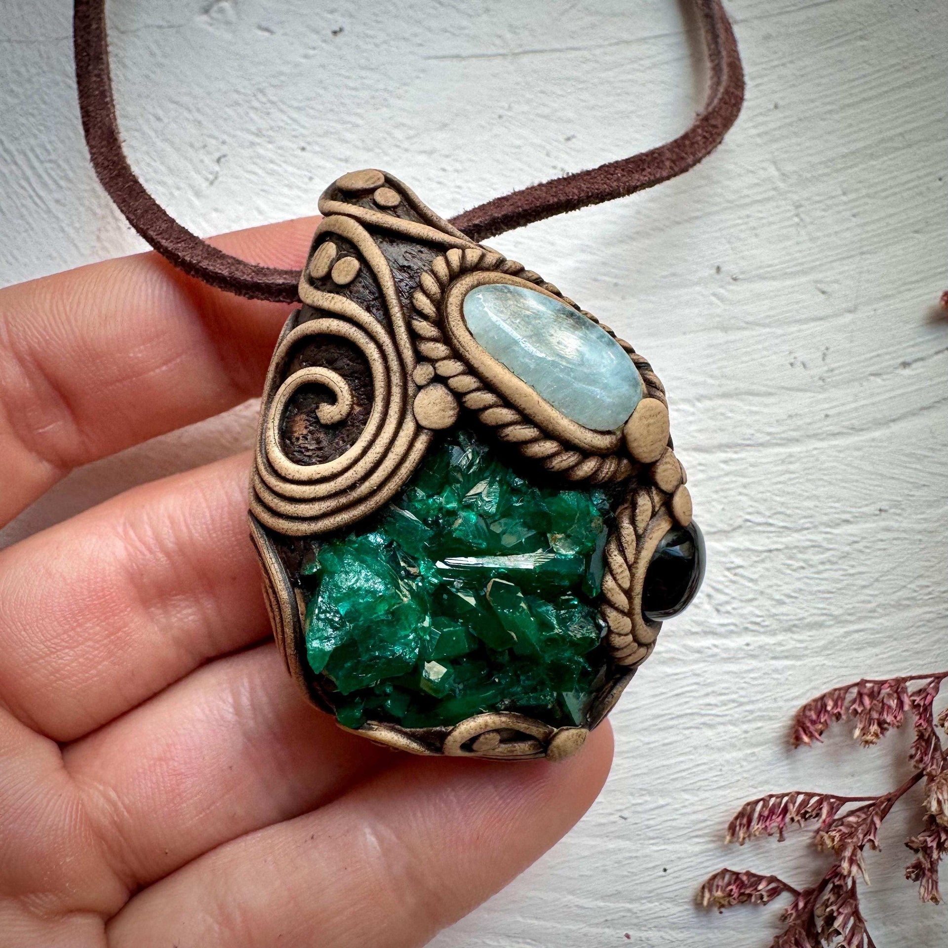 Dioptase Black Onyx and Aquamarine Necklace - FairyGardenGlow