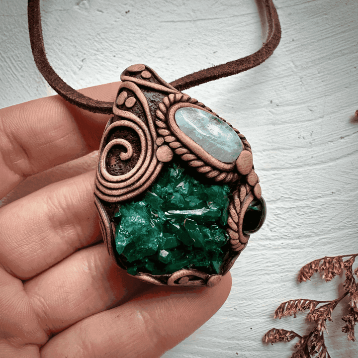 Dioptase Black Onyx and Aquamarine Necklace - FairyGardenGlow
