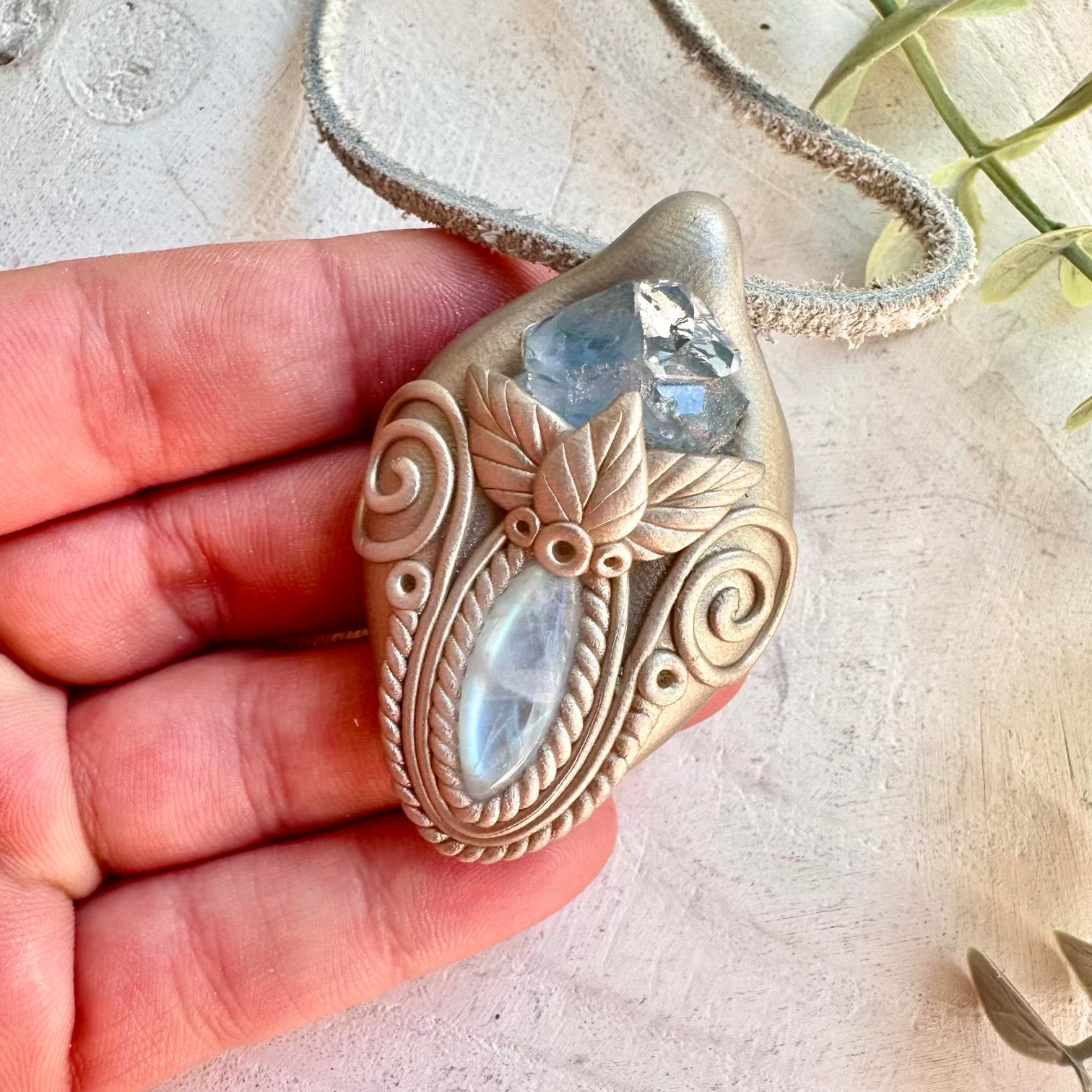 Metaphysical handmade jewelry rainbow moonstone and celestite pendant necklace