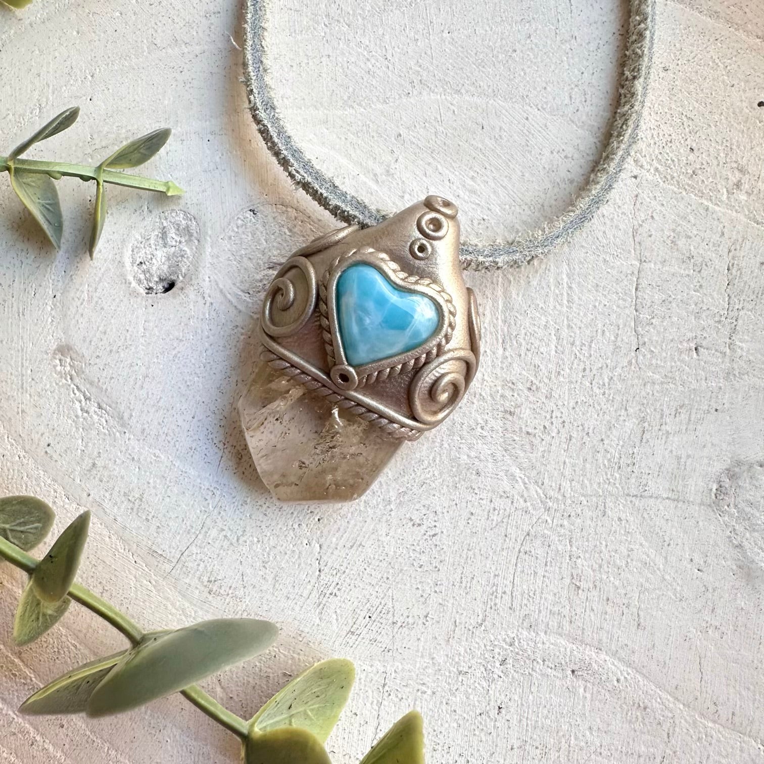 Protection amulet crystal necklace with citrine and larimar heart gemstones