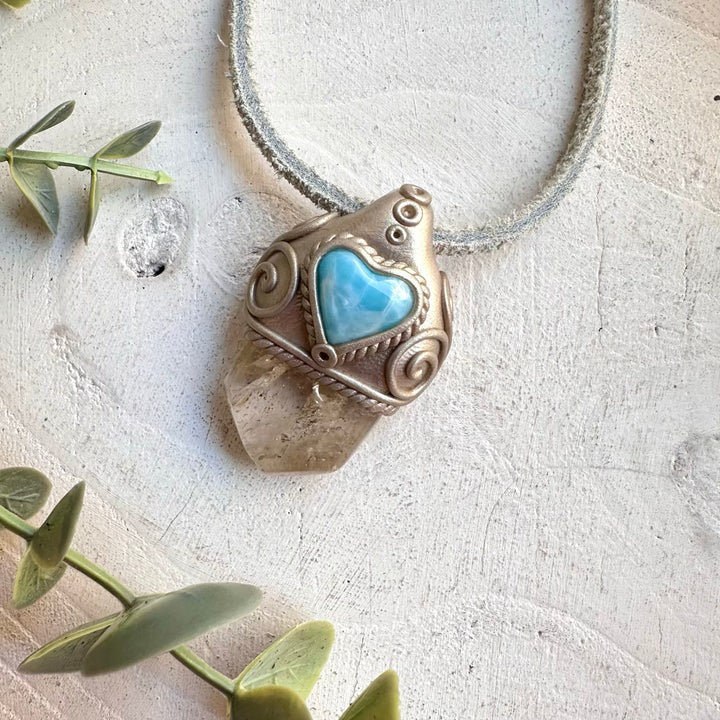 Protection amulet crystal necklace with citrine and larimar heart gemstones