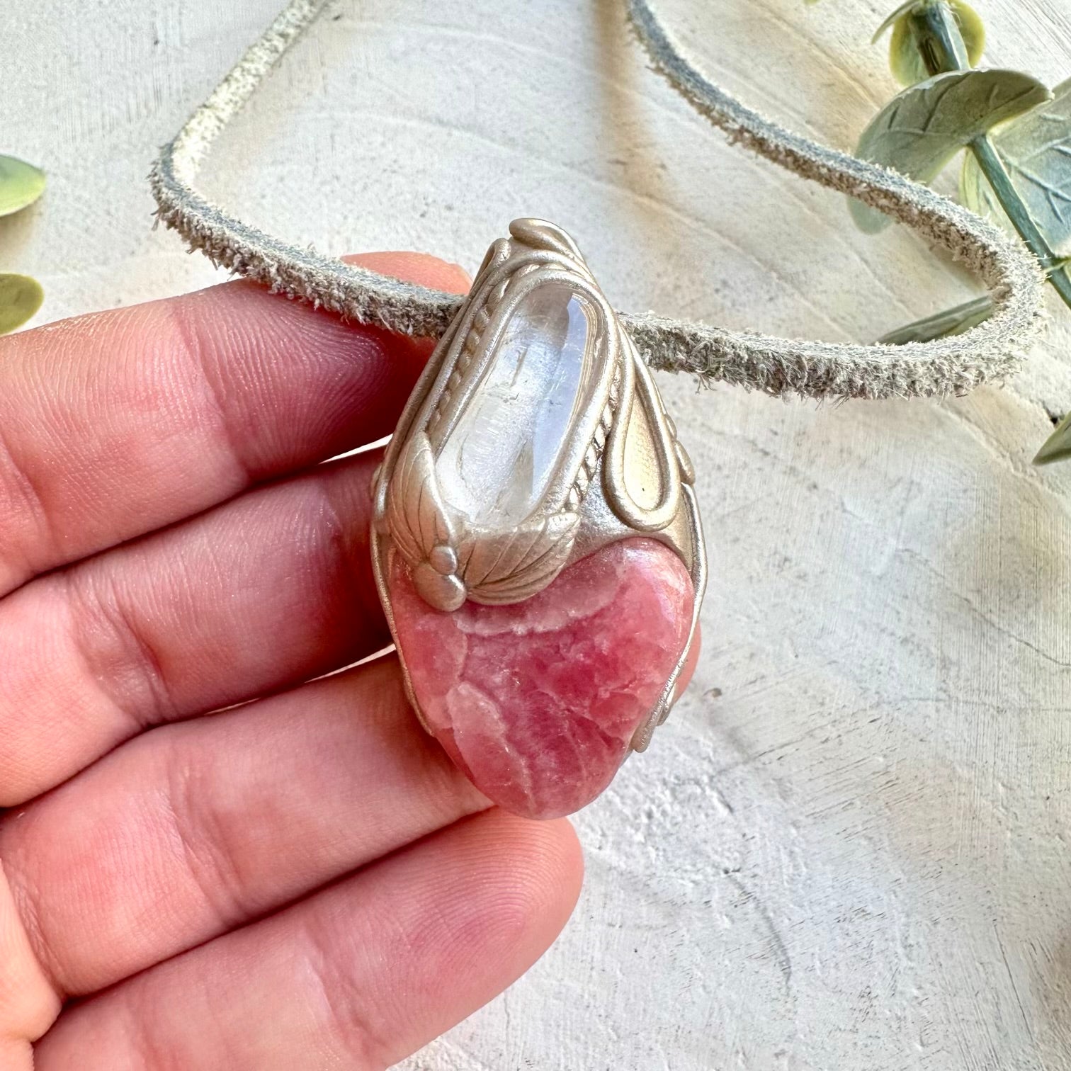 Rhodochrosite and Danburite unique handmade crystal necklace
