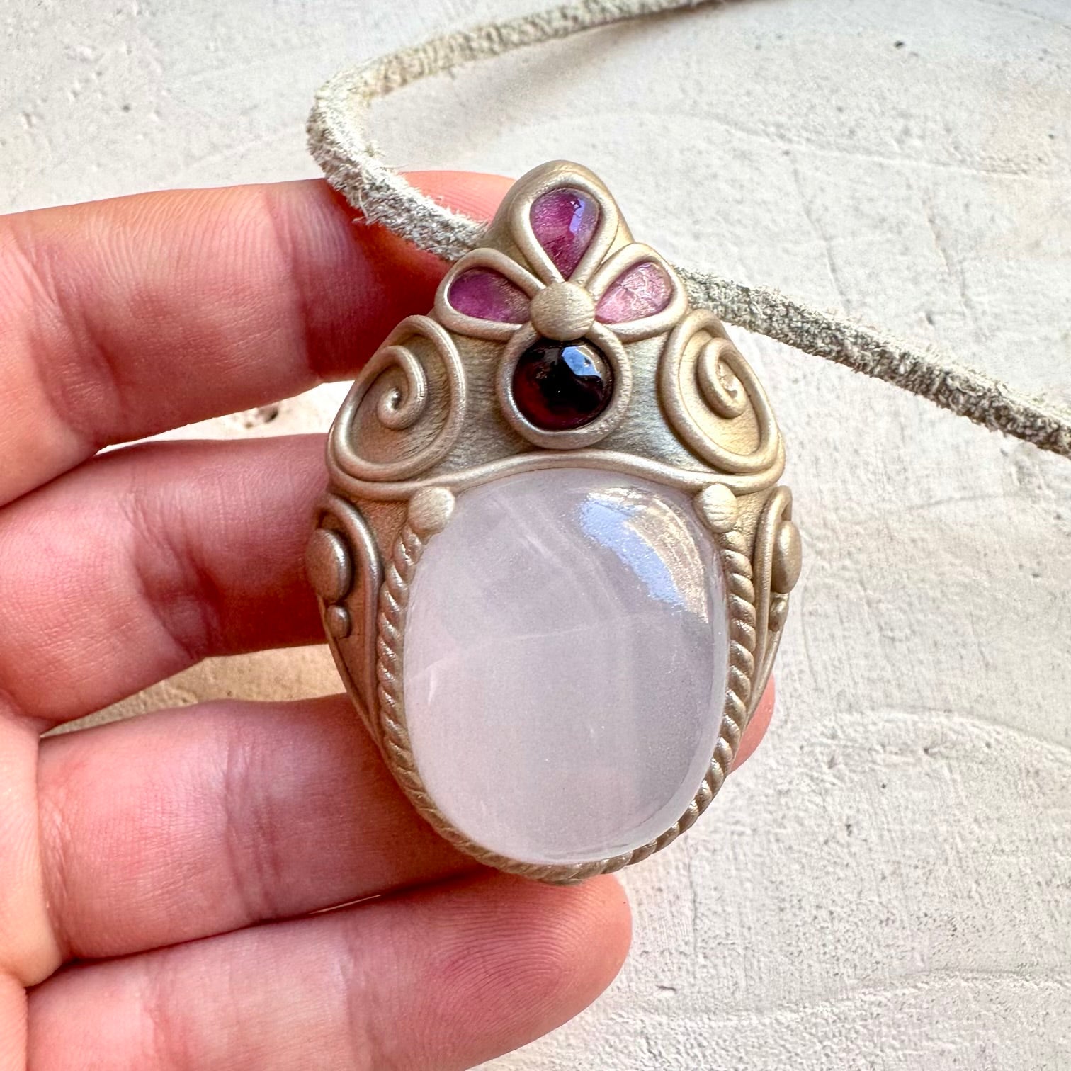 Handmade gemstone necklace mango calcite and pink tourmaline spiritual jewelry
