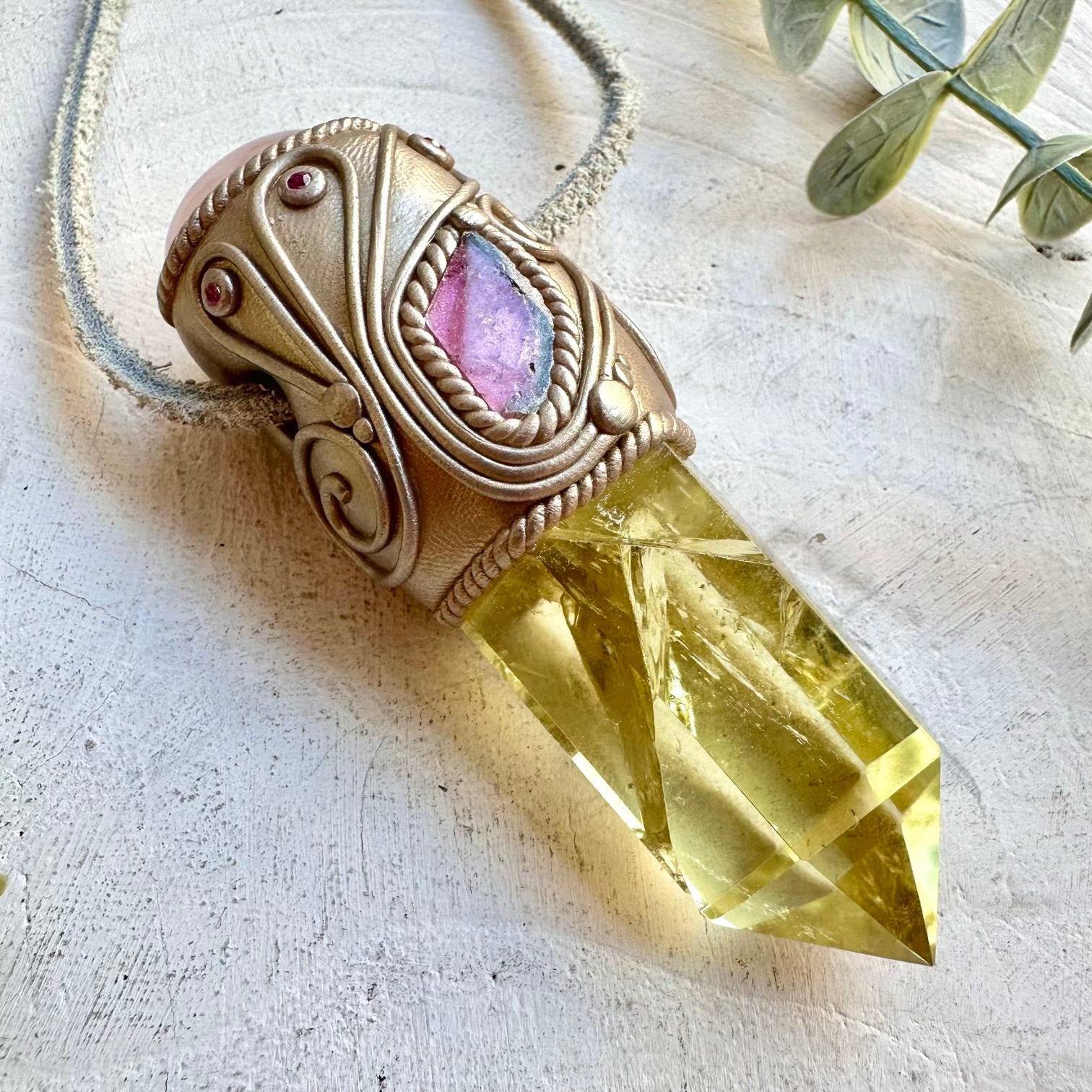 Metaphysical crystal wand with polished citrine point rose quartz and tourmaline