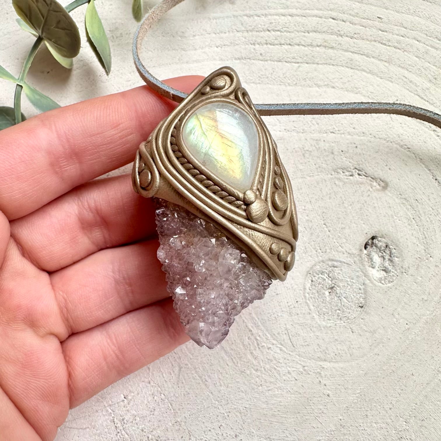Unique rainbow moonstone crystal pendant necklace