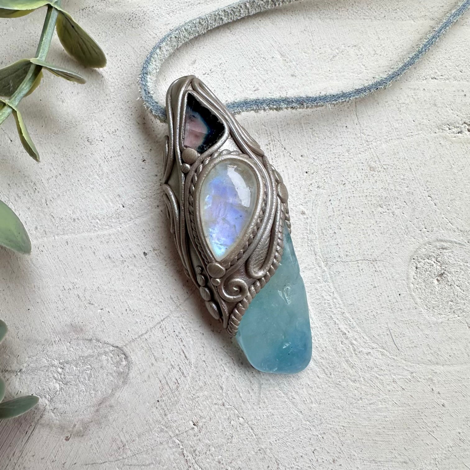 Handmade talisman necklace with aquamarine bi color tourmaline and moonstone crystal
