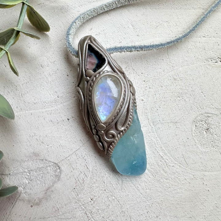 Handmade talisman necklace with aquamarine bi color tourmaline and moonstone crystal