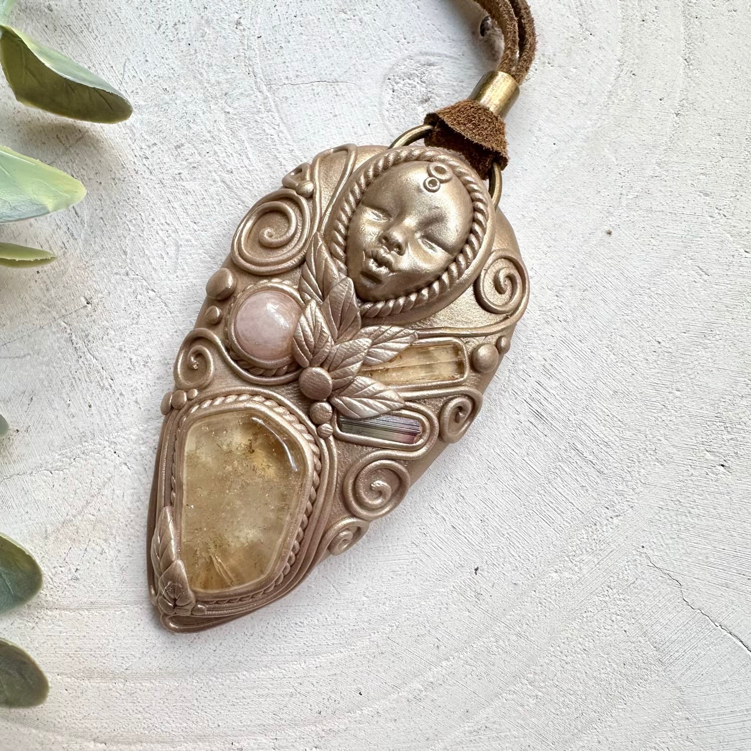 Morganite paired with imperial topaz and citrine in a unique handmade goddess clay necklace