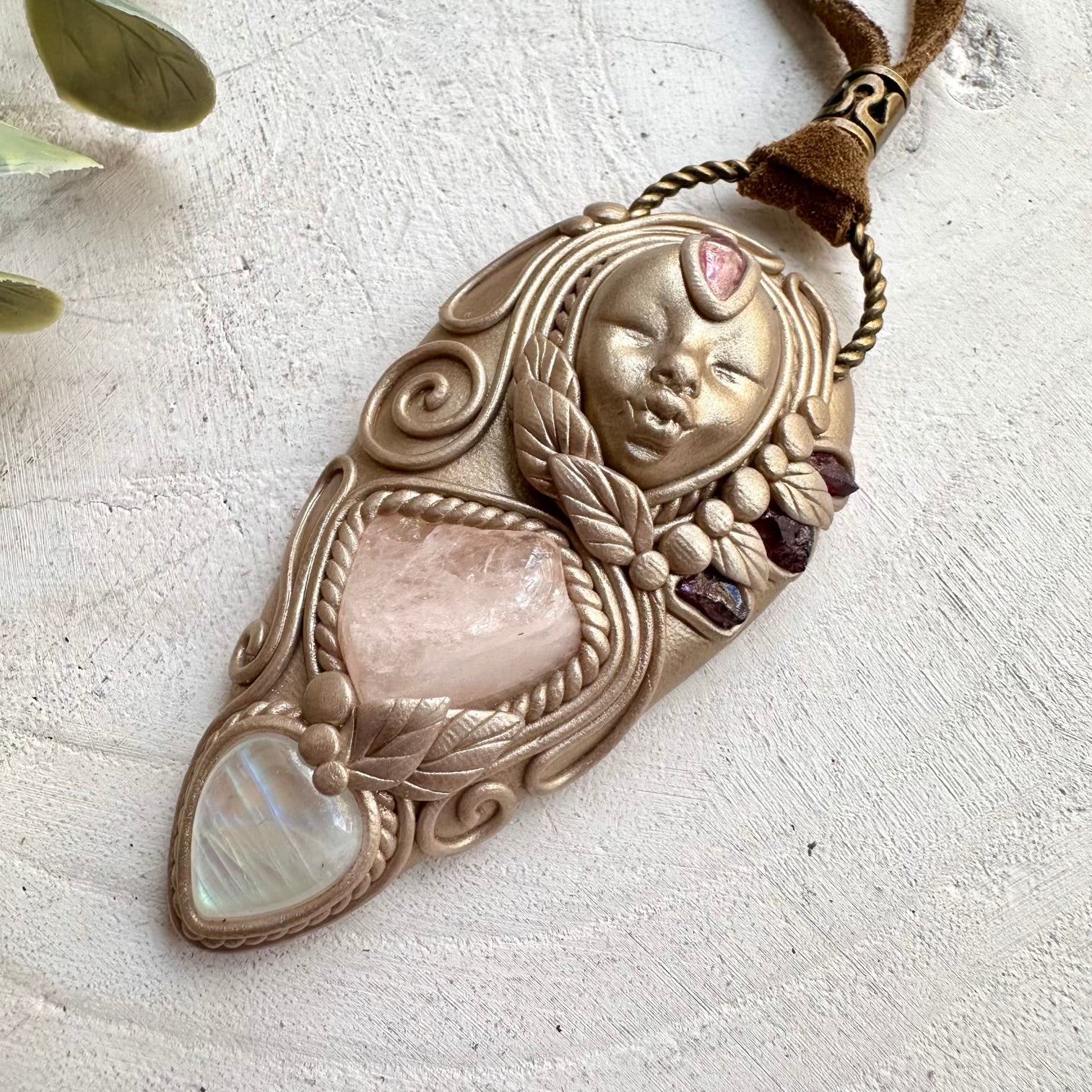 Morganite moonstone and pink tourmaline fairy healing crystal necklace