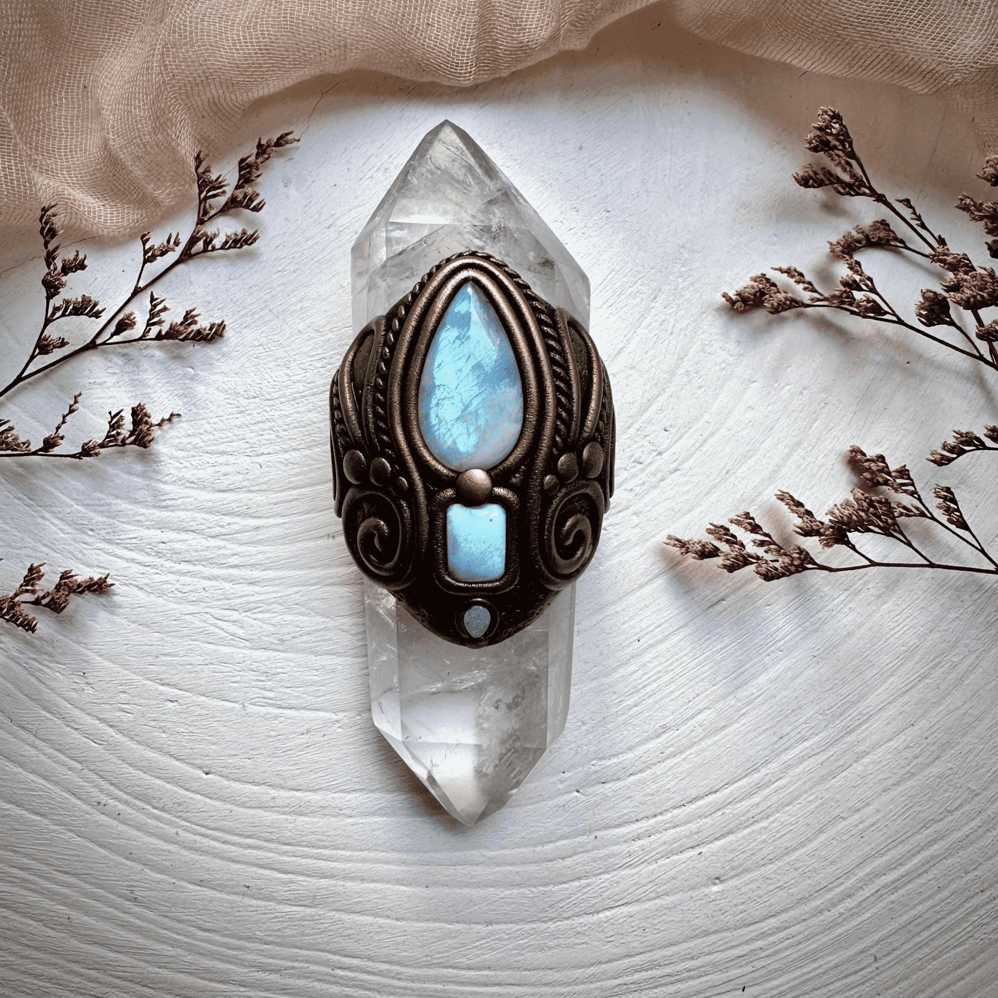 Double Terminated Clear Quartz with Rainbow Moonstone Larimar and Australian Opal Wand - FairyGardenGlow