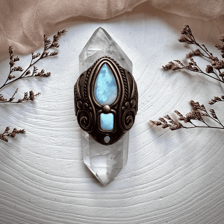 Double Terminated Clear Quartz with Rainbow Moonstone Larimar and Australian Opal Wand - FairyGardenGlow