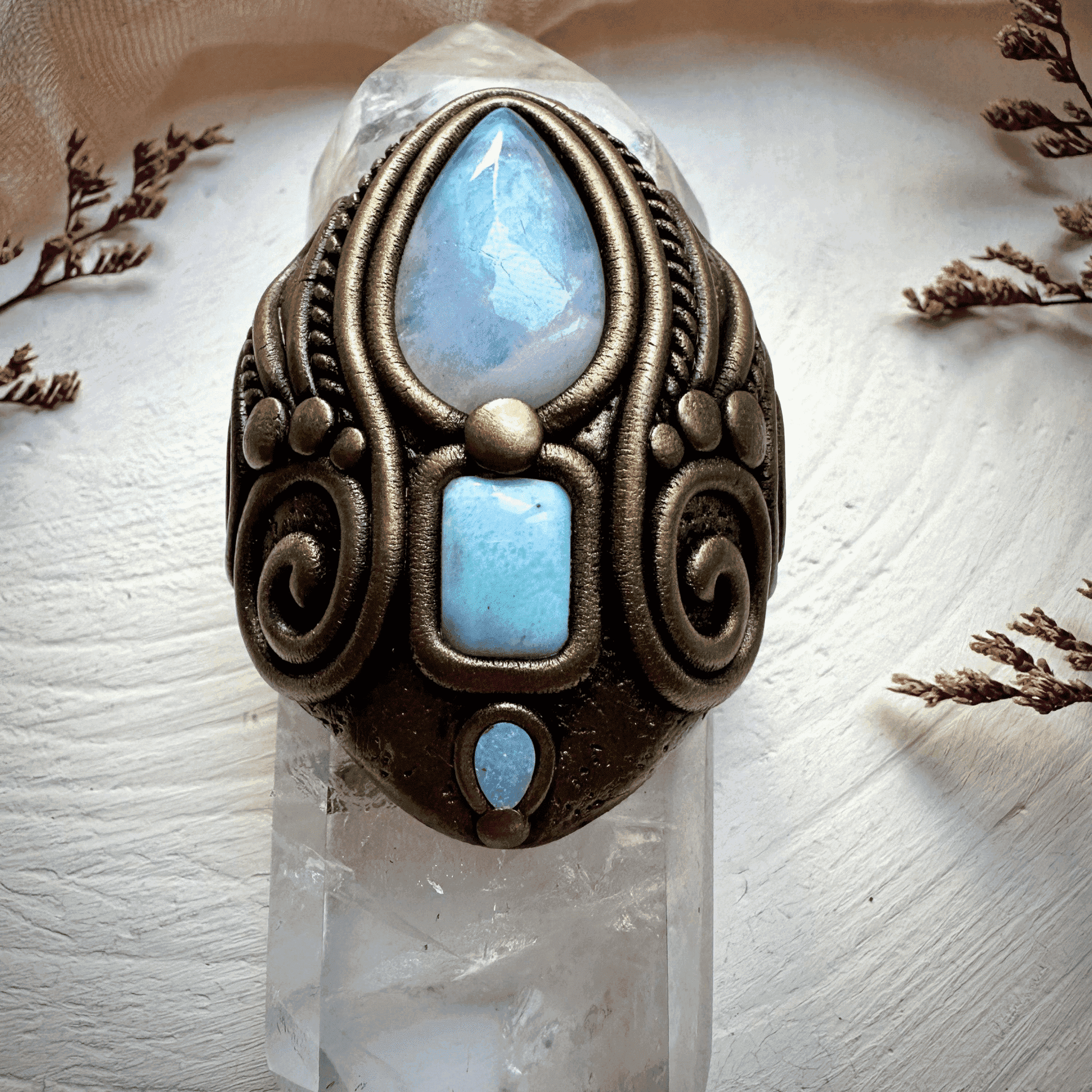 Double Terminated Clear Quartz with Rainbow Moonstone Larimar and Australian Opal Wand - FairyGardenGlow