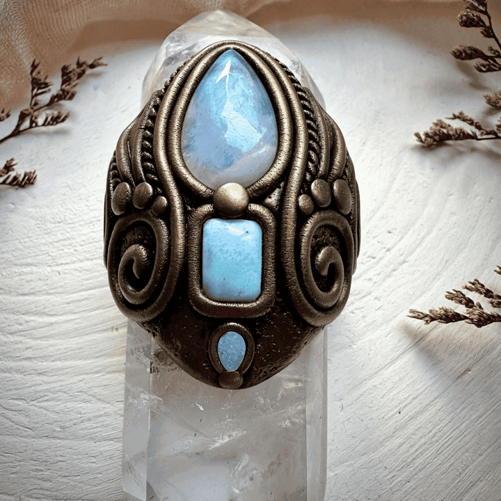 Double Terminated Clear Quartz with Rainbow Moonstone Larimar and Australian Opal Wand - FairyGardenGlow