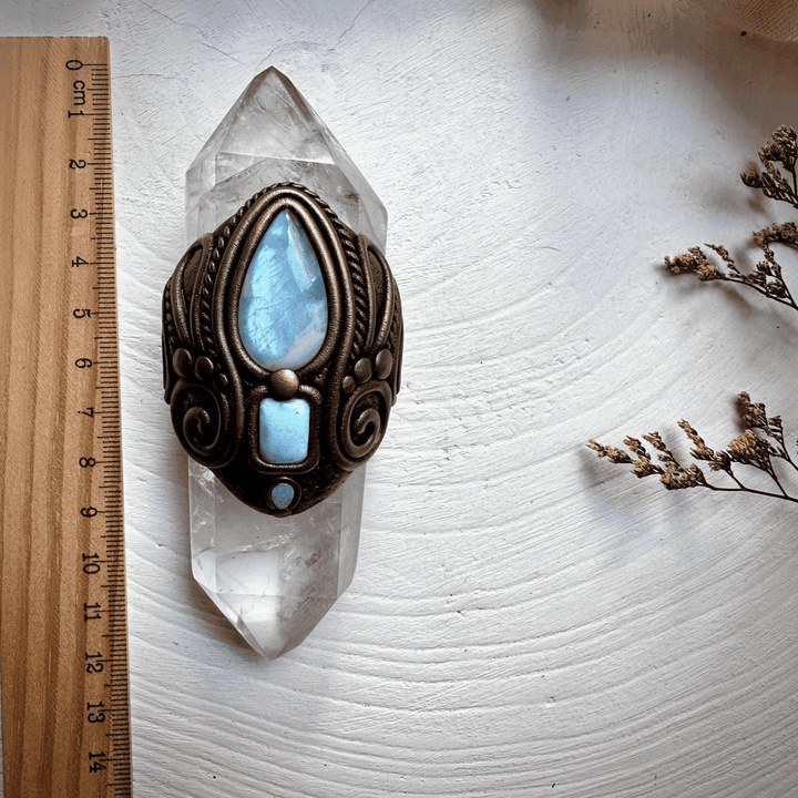Double Terminated Clear Quartz with Rainbow Moonstone Larimar and Australian Opal Wand - FairyGardenGlow