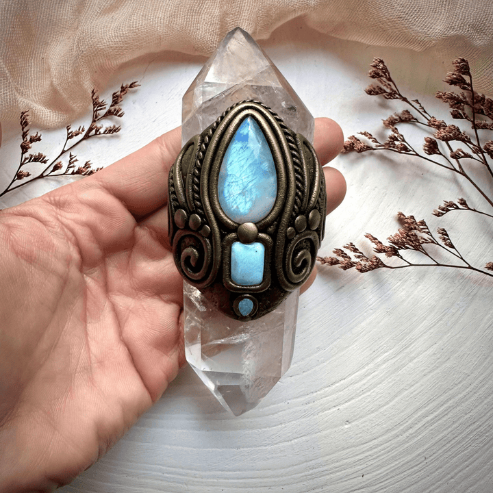 Double Terminated Clear Quartz with Rainbow Moonstone Larimar and Australian Opal Wand - FairyGardenGlow