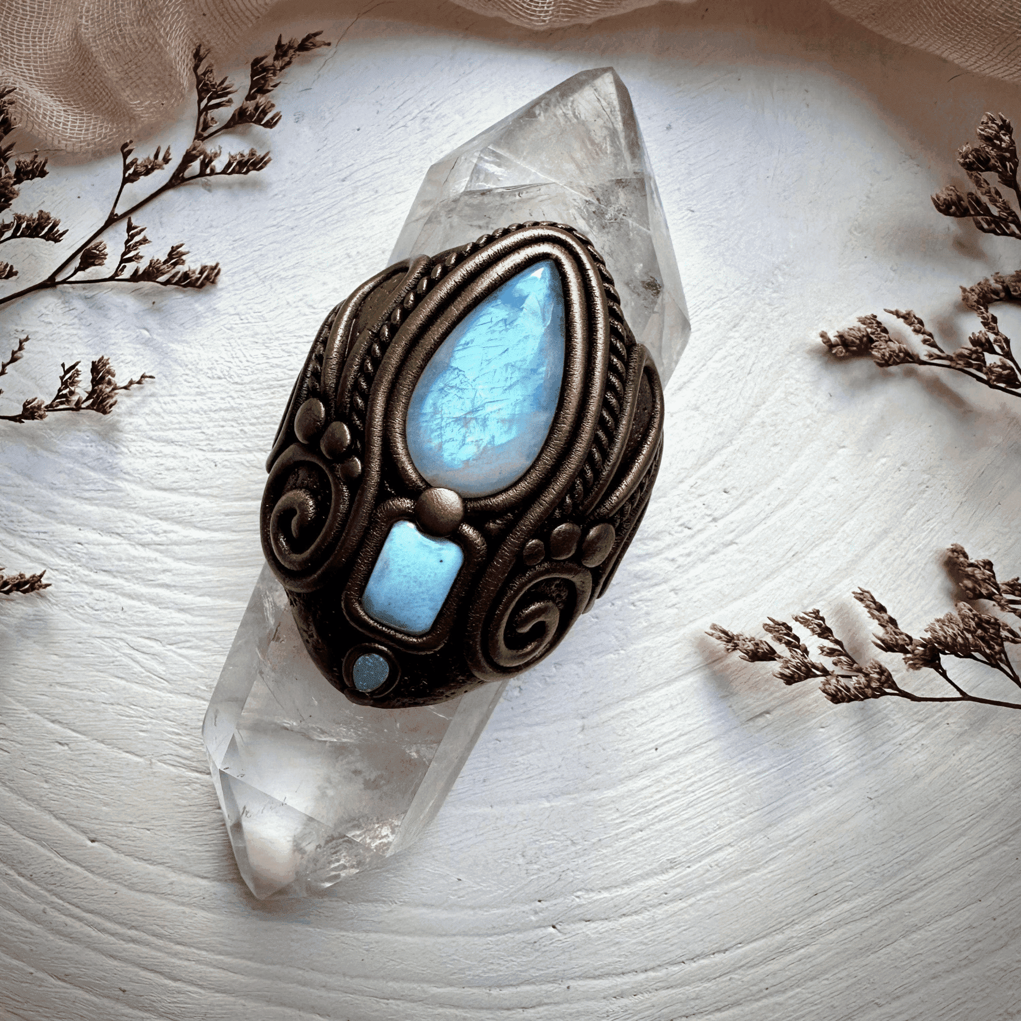 Double Terminated Clear Quartz with Rainbow Moonstone Larimar and Australian Opal Wand - FairyGardenGlow