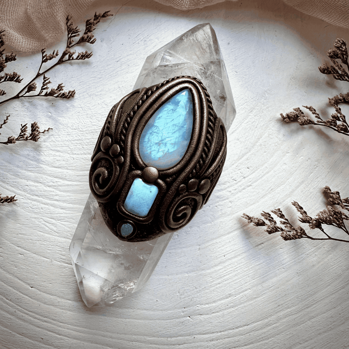 Double Terminated Clear Quartz with Rainbow Moonstone Larimar and Australian Opal Wand - FairyGardenGlow