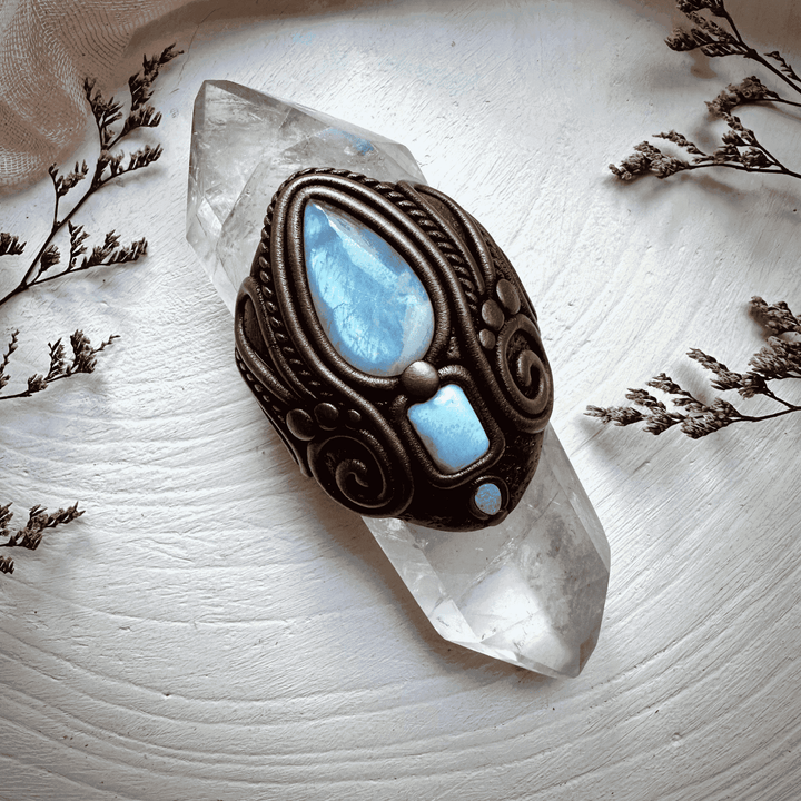 Double Terminated Clear Quartz with Rainbow Moonstone Larimar and Australian Opal Wand - FairyGardenGlow