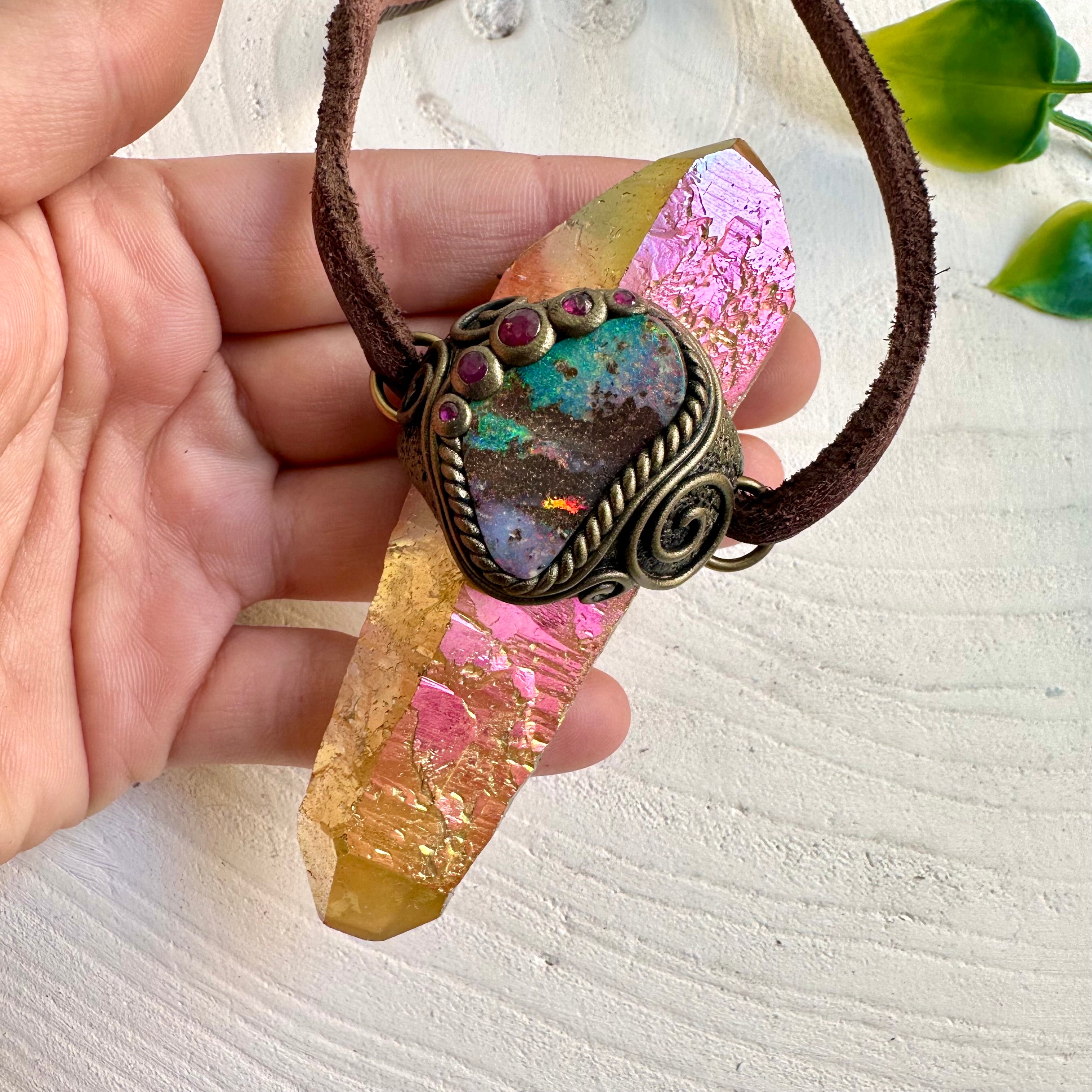 Sunset Aura Quartz double terminated wand with Boulder Opal and Ruby gemstones