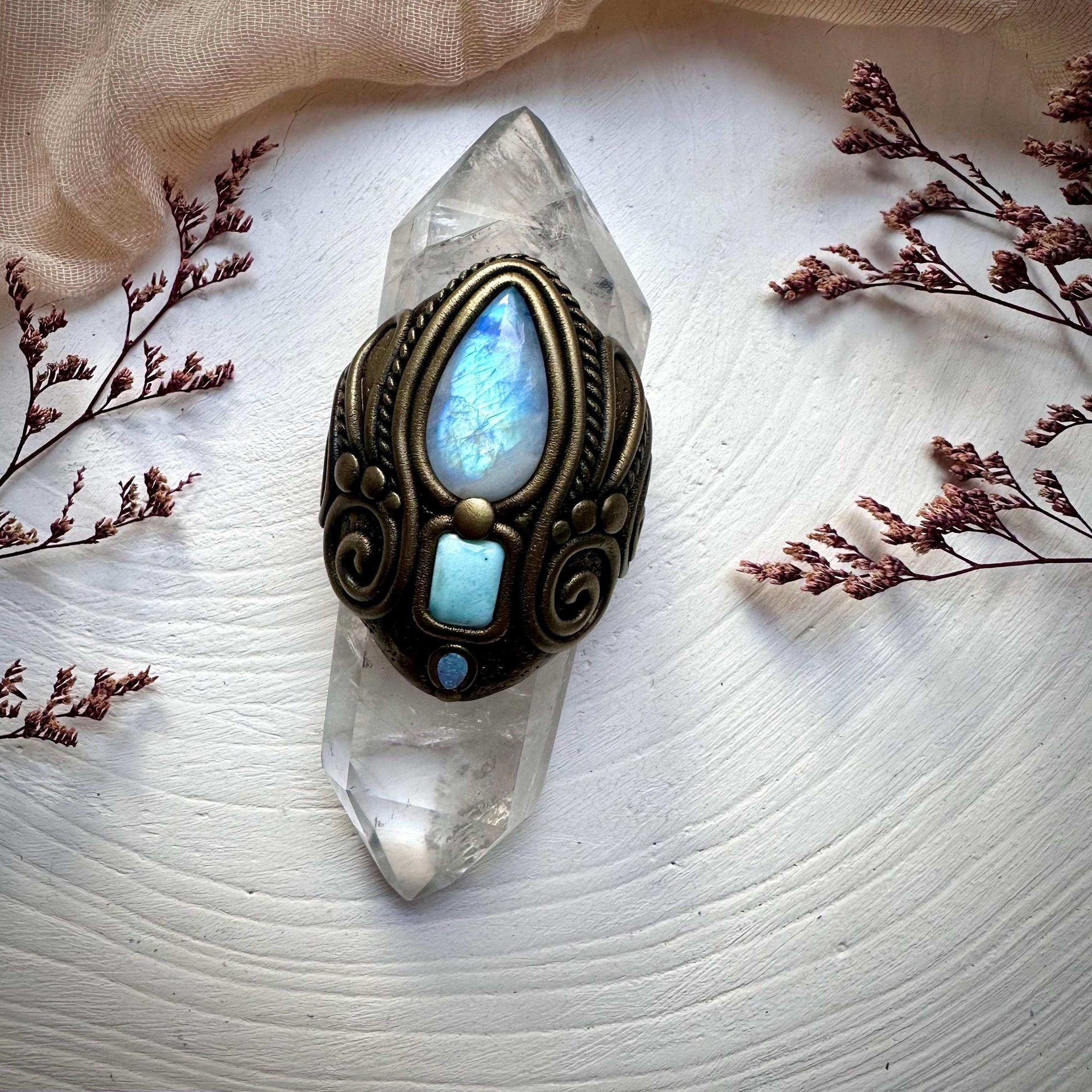 Double Terminated Clear Quartz with Rainbow Moonstone Larimar and Australian Opal Wand - FairyGardenGlow