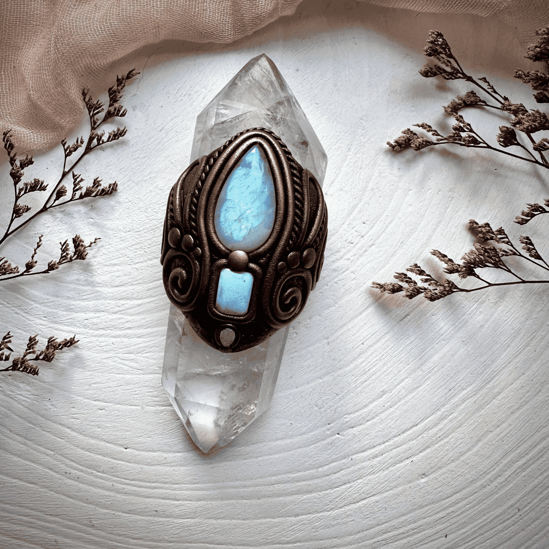 Double Terminated Clear Quartz with Rainbow Moonstone Larimar and Australian Opal Wand - FairyGardenGlow