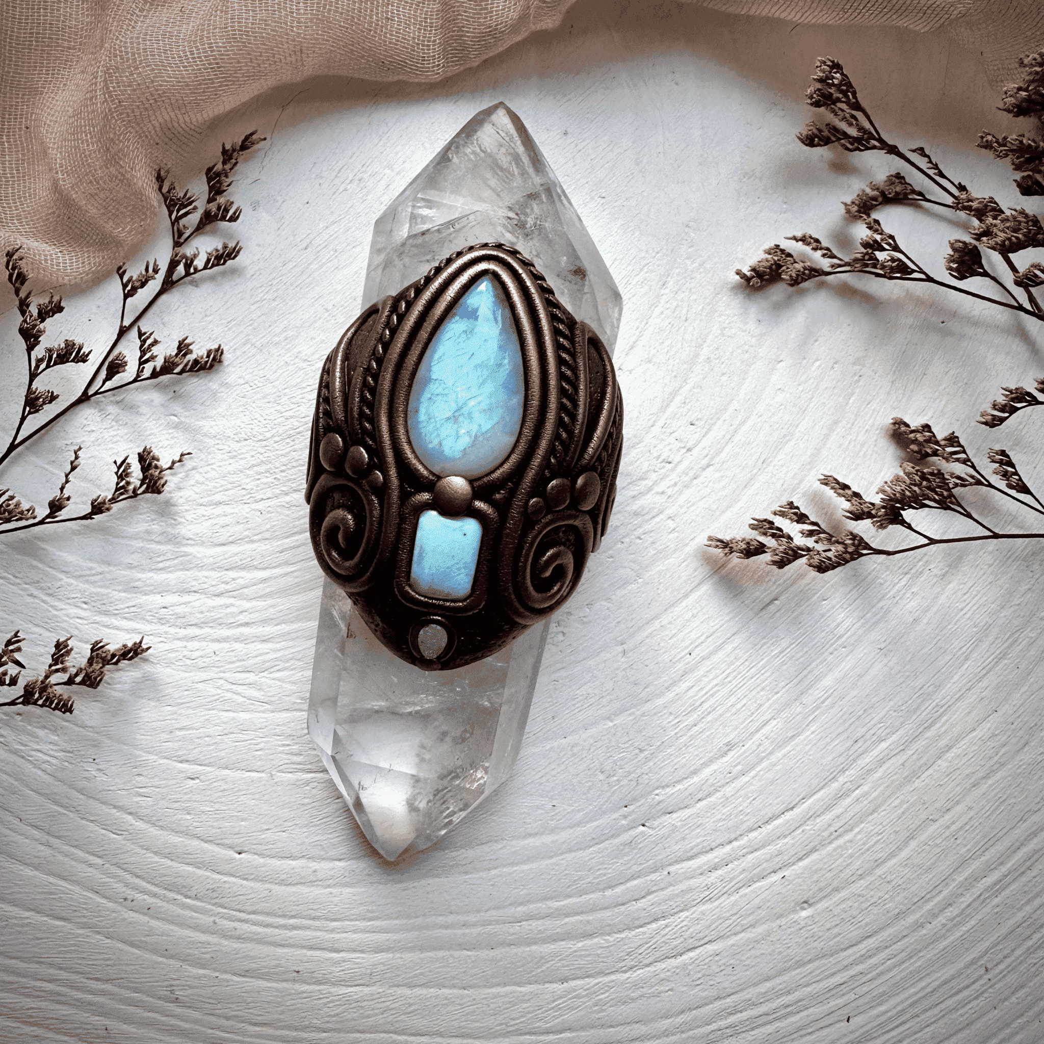 Double Terminated Clear Quartz with Rainbow Moonstone Larimar and Australian Opal Wand - FairyGardenGlow