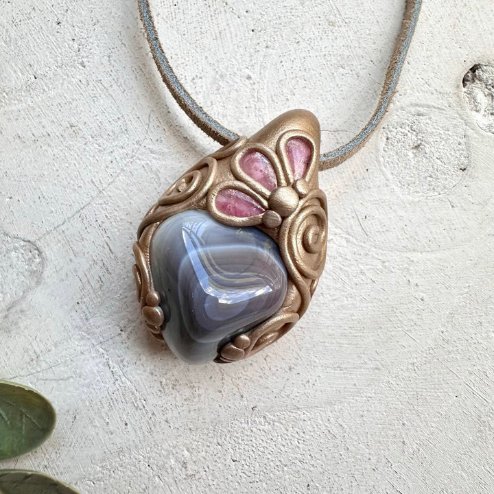 Botswana agate pendant necklace with pink tourmaline accents