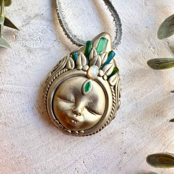 One of a kind handmade necklace combining lush green Tourmaline with iridescent Opal and Emerald.
