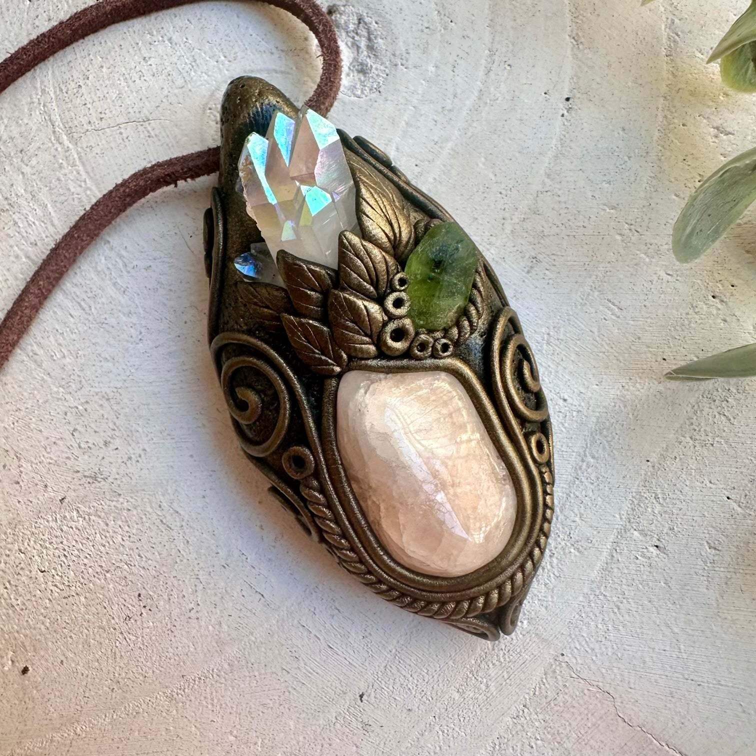 Morganite paired with peridot and angel aura quartz pendant necklace