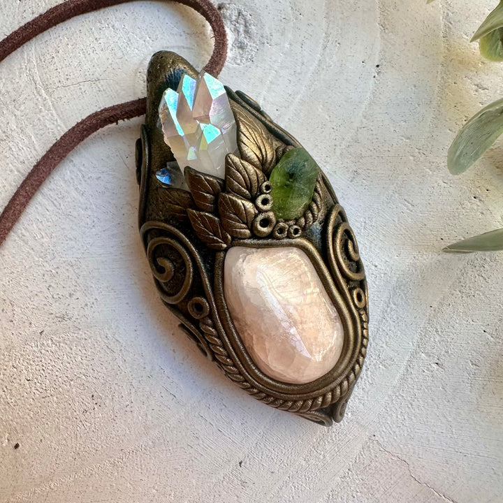 Morganite paired with peridot and angel aura quartz pendant necklace