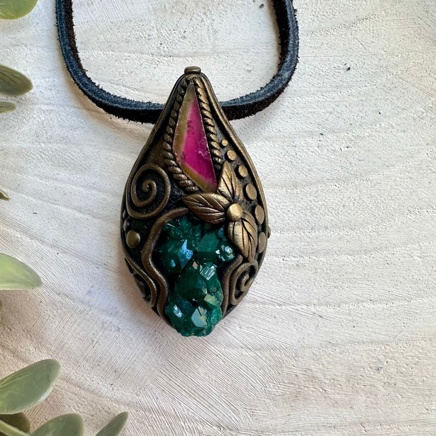 Luxury spiritual jewelry with watermelon tourmaline and dioptase