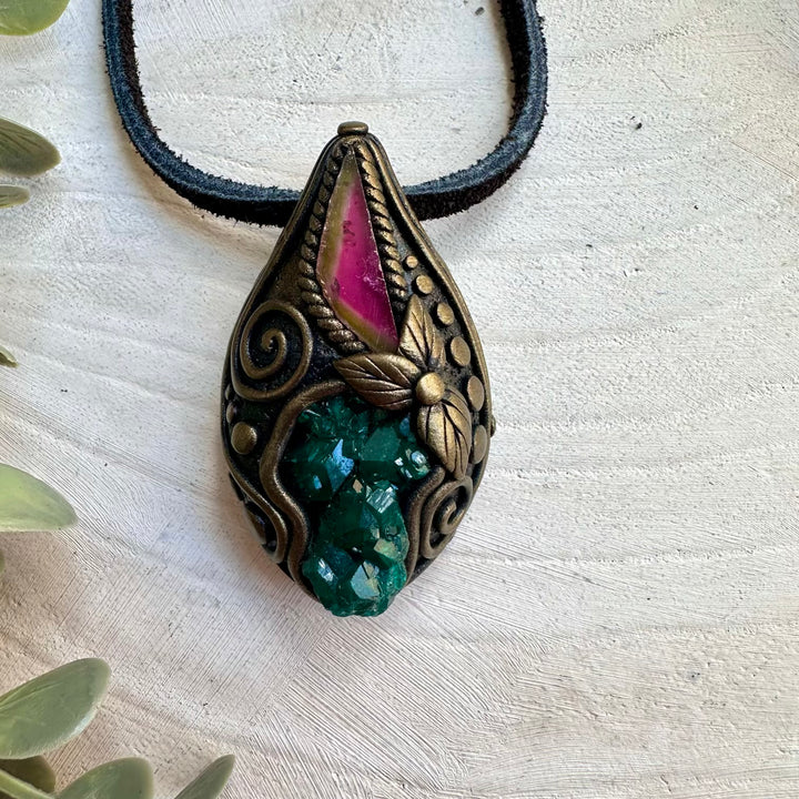Luxury spiritual jewelry with watermelon tourmaline and dioptase