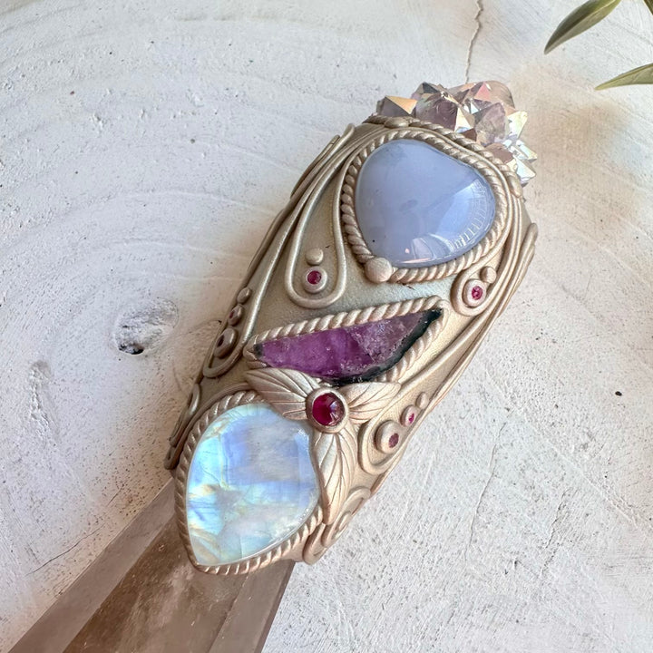 Fantasy crystal wand handmade with smoky quartz blue chalcedony heart and ruby