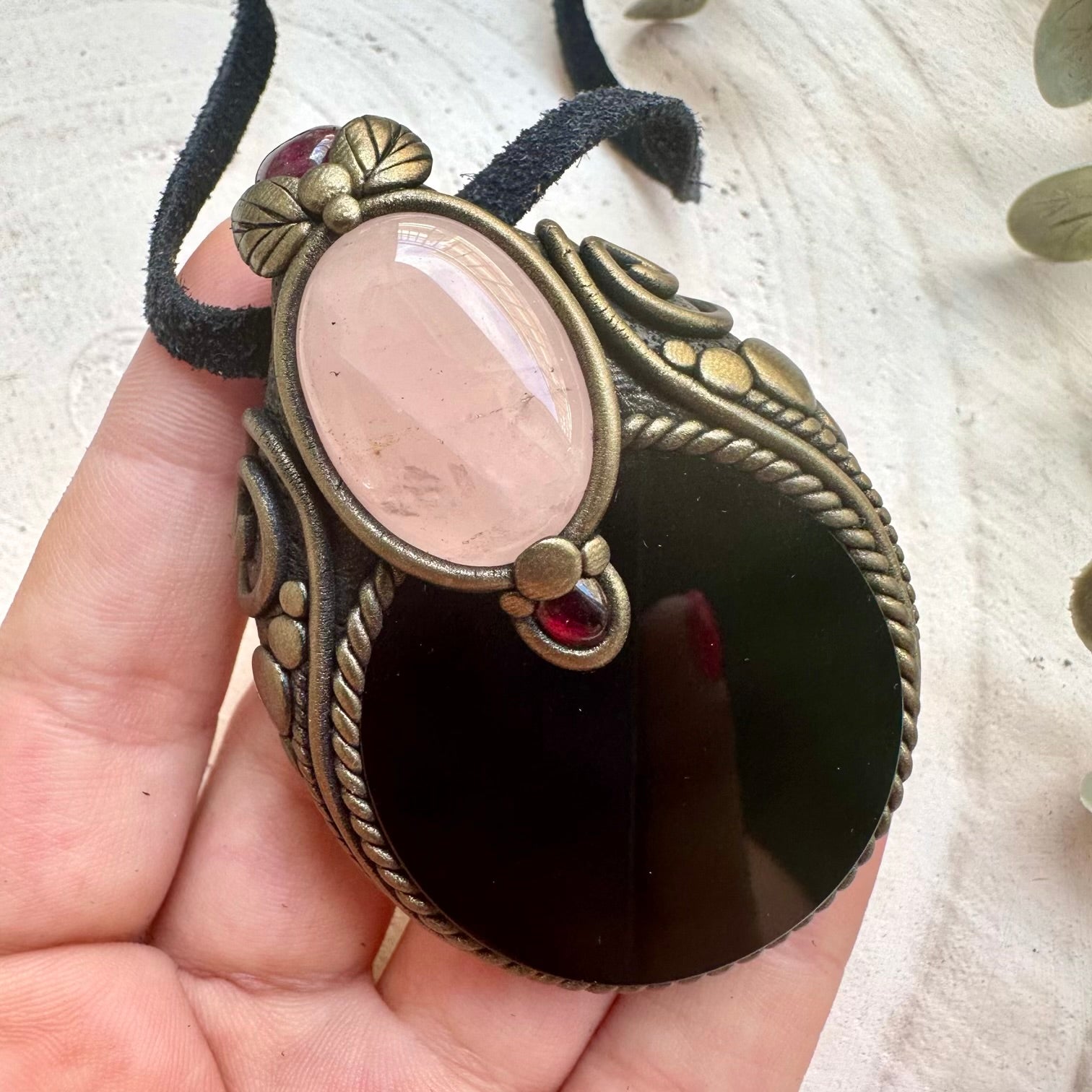 Witchy crystal necklace with Ruby, Rose Quartz and Garnet