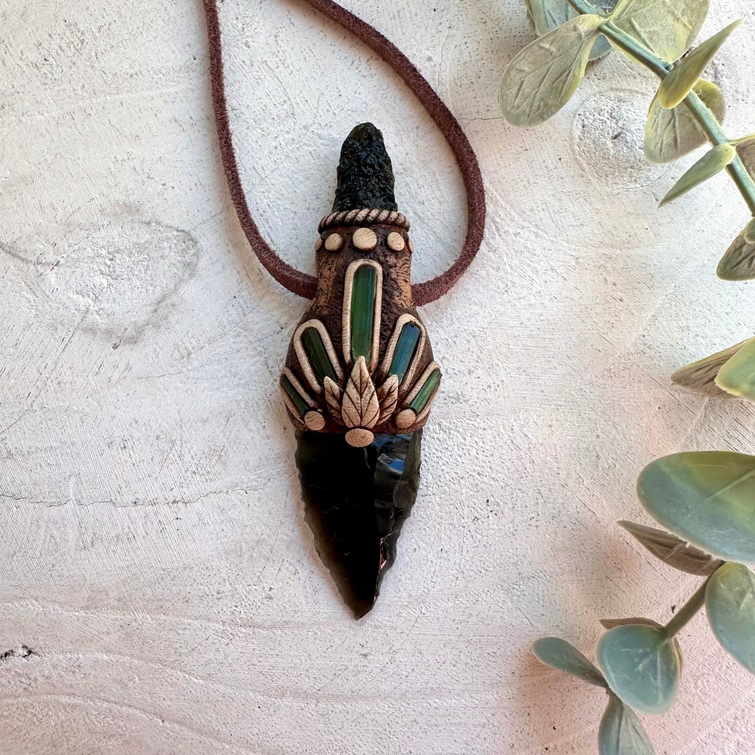 Protection amulet necklace featuring Obsidian, Tektite and Green Tourmaline