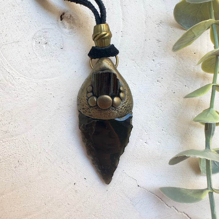 Handmade gemstone necklace with Obsidian and Tourmaline