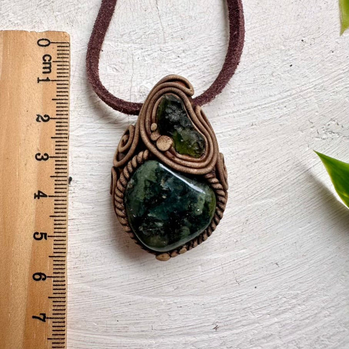 Epidote in Prehnite and Moldavite Pendant Necklace - FairyGardenGlow