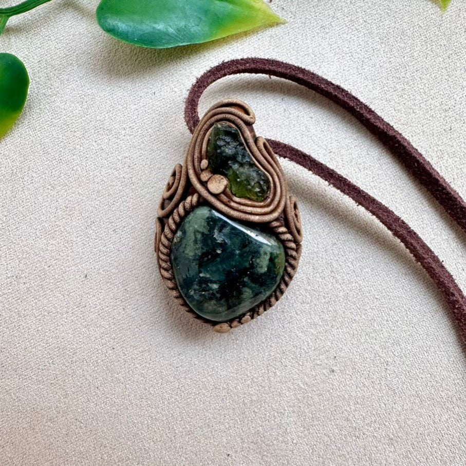 Epidote in Prehnite and Moldavite Pendant Necklace - FairyGardenGlow
