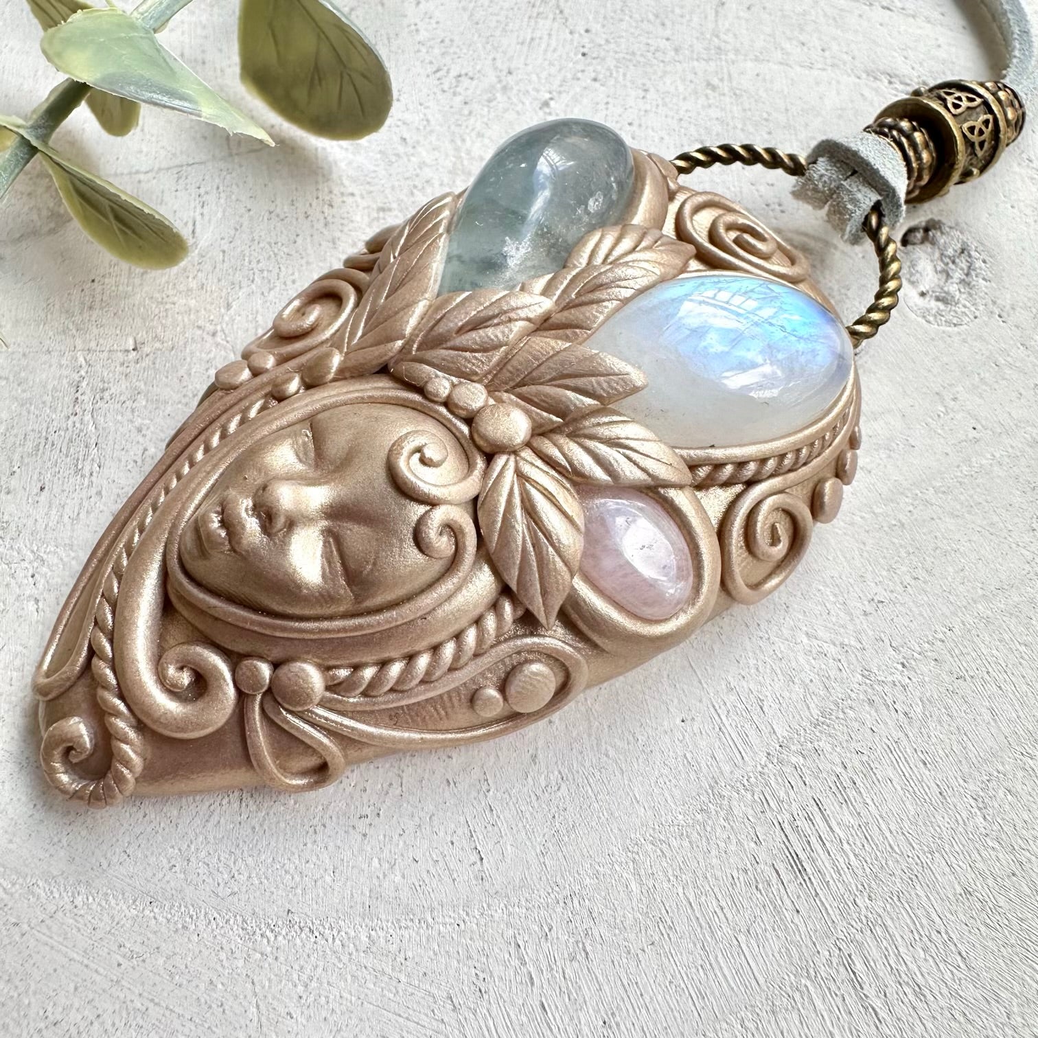 Rainbow moonstone celestite and morganite healing crystal necklace