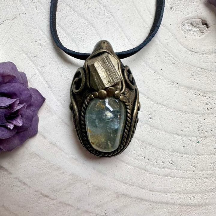 Unisex Topaz and Pyrite pendant necklace, ethically handcrafted festival and ritual crystal jewelry tool.