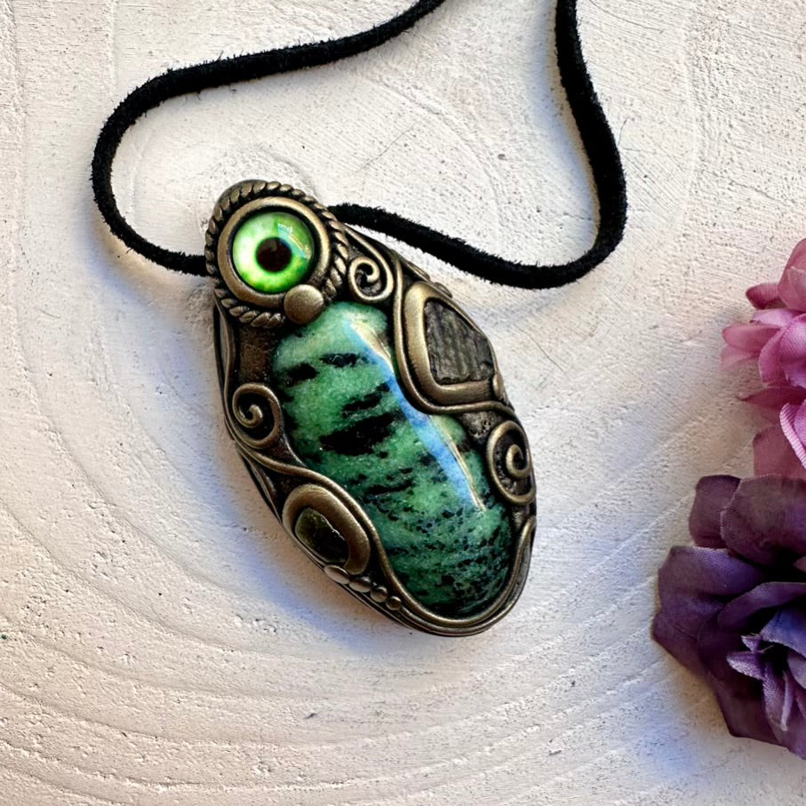 One-of-a-kind Zoisite gemstone with cosmic-energy Moldavite and natural Green Tourmaline, wearable metaphysical protection amulet necklace.