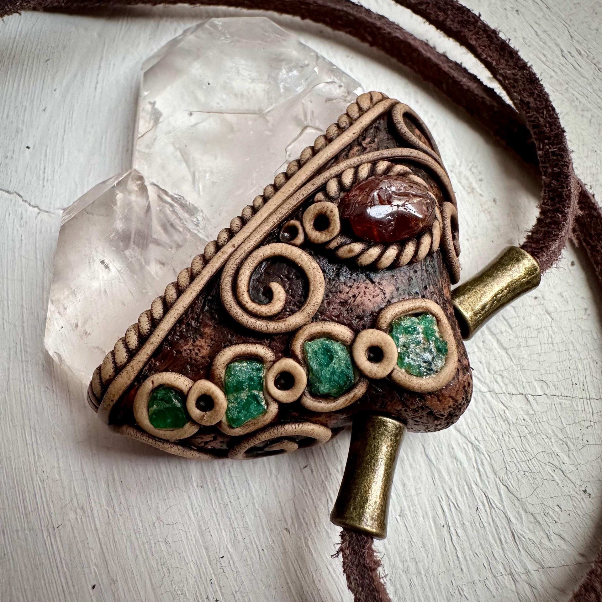 Faden Quartz Hessonite Garnet and Raw Emerald Pendant - FairyGardenGlow