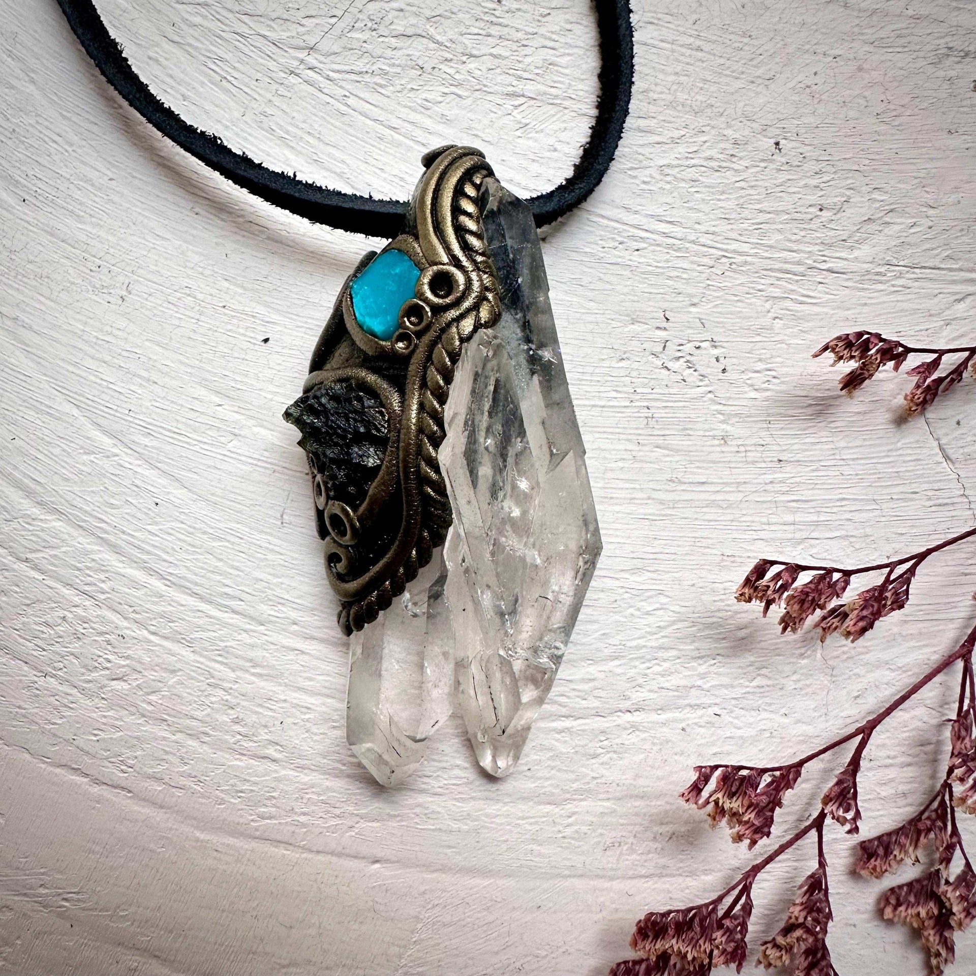 Faden Quartz Moldavite and Rhodonite Pendant Necklace - FairyGardenGlow