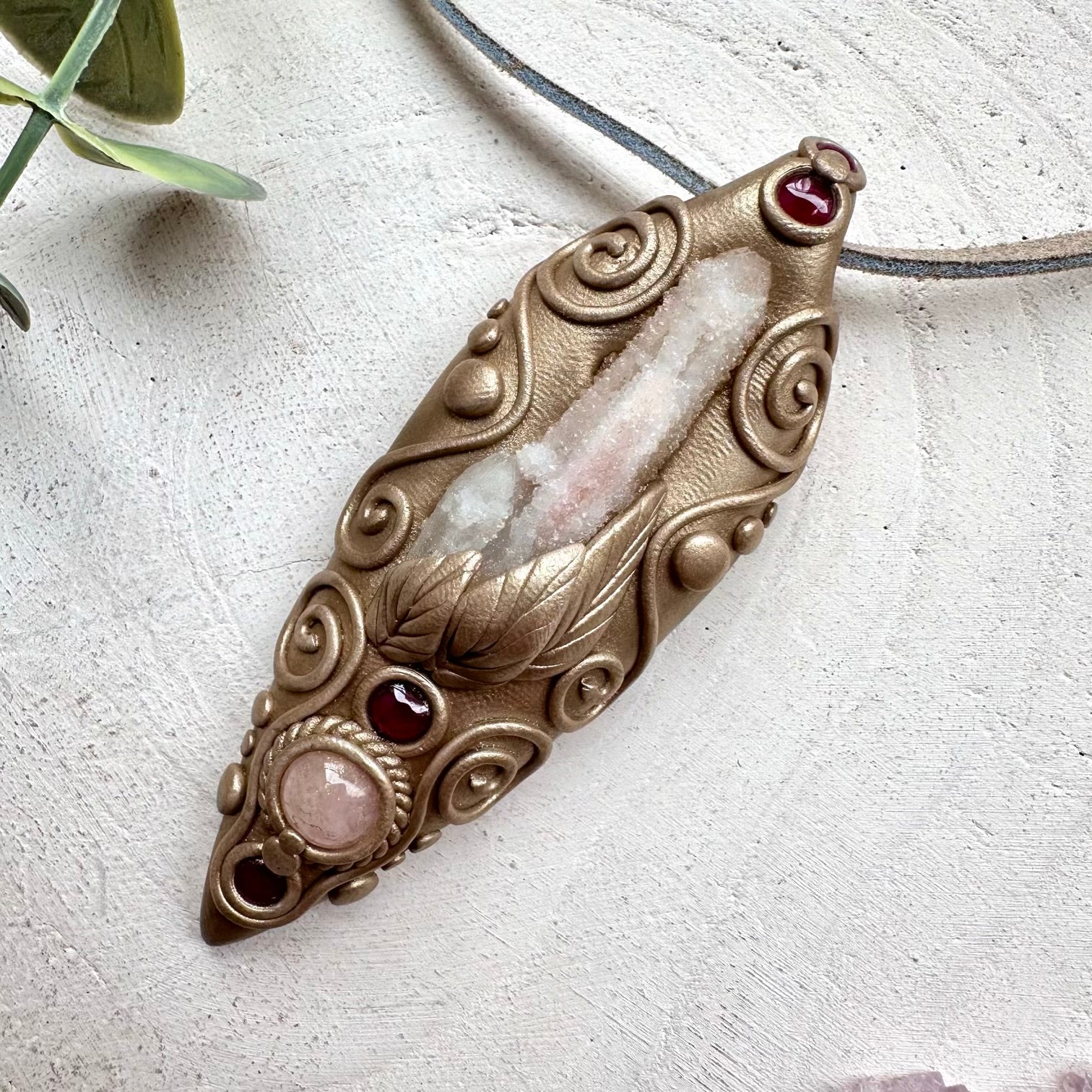 Healing crystal pendant with rhodolite garnet and fairy quartz