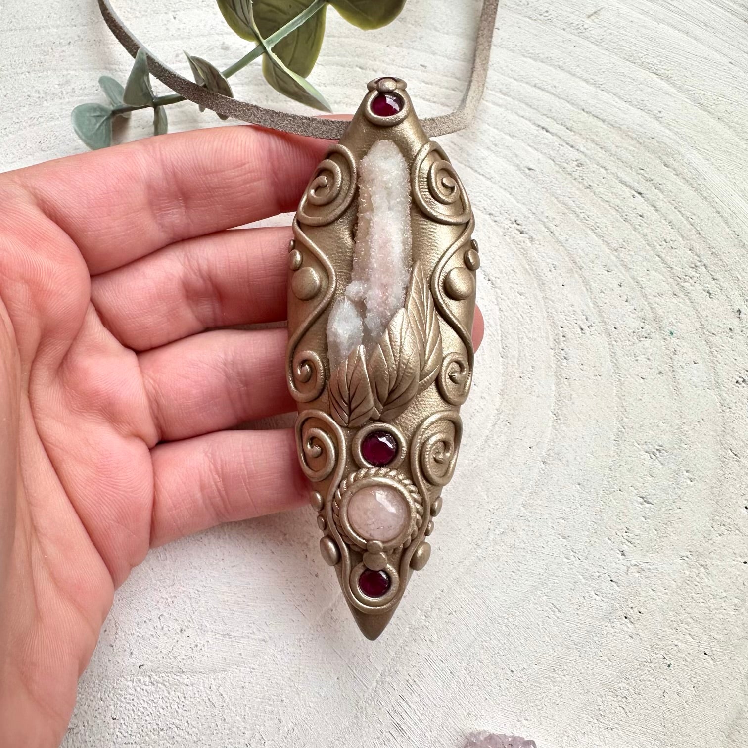 Fairy quartz with morganite and rhodolite garnet necklace